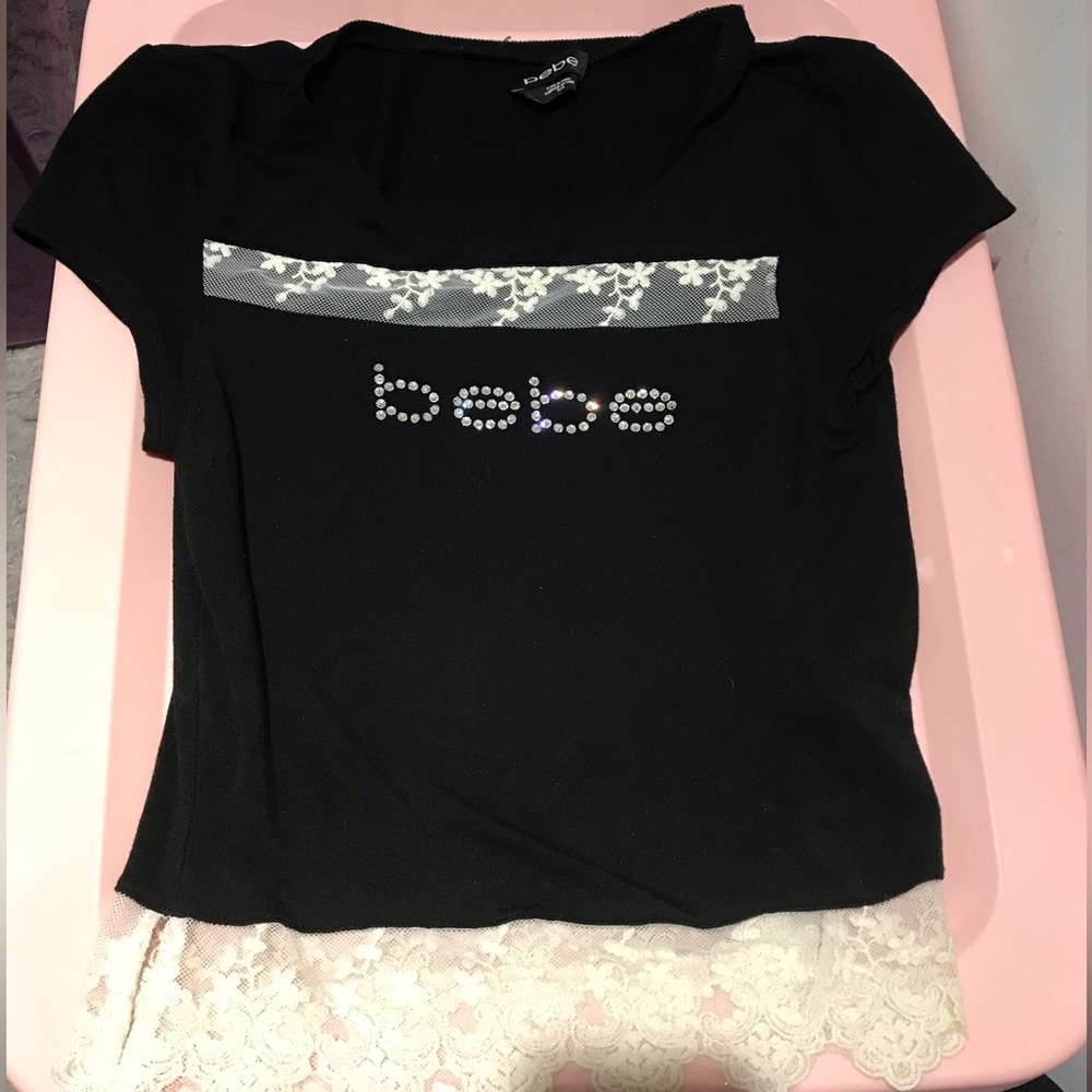 Bebe crystal logo lace detail hem top